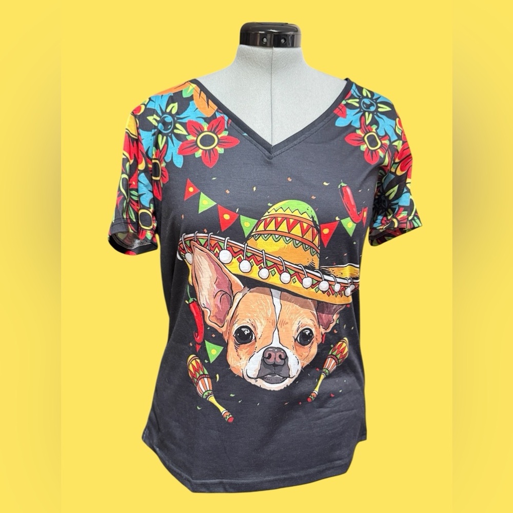 Fun Chihuahua Floral Mexico Cinco de Mayo Graphic Short Sleeved Top - Picture 2 of 9